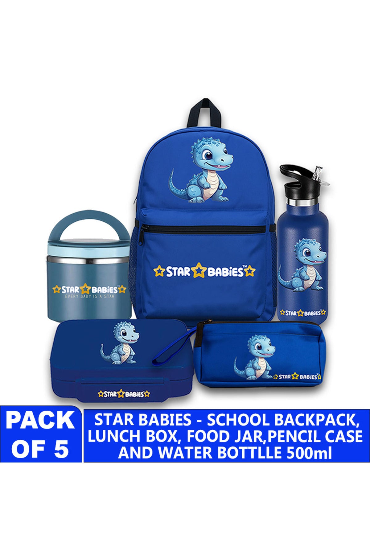 Star Babies 16-Inch Dino Themed Children's Backpack with  5 compartment Bento lunch box , water bottle and Dual Zipper Pencil Case with Food jar