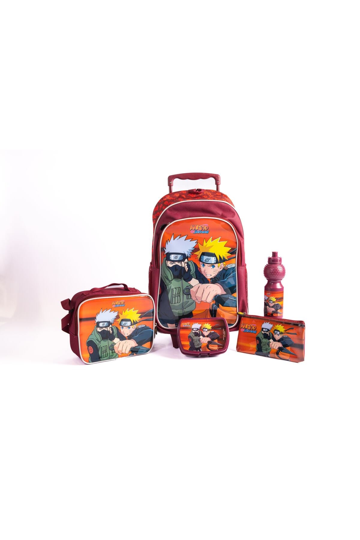 Naruto 18" Trolley Bag Set With Lunch Bag, Pencil Case, Water Bottle & Lunch Box – Maroon