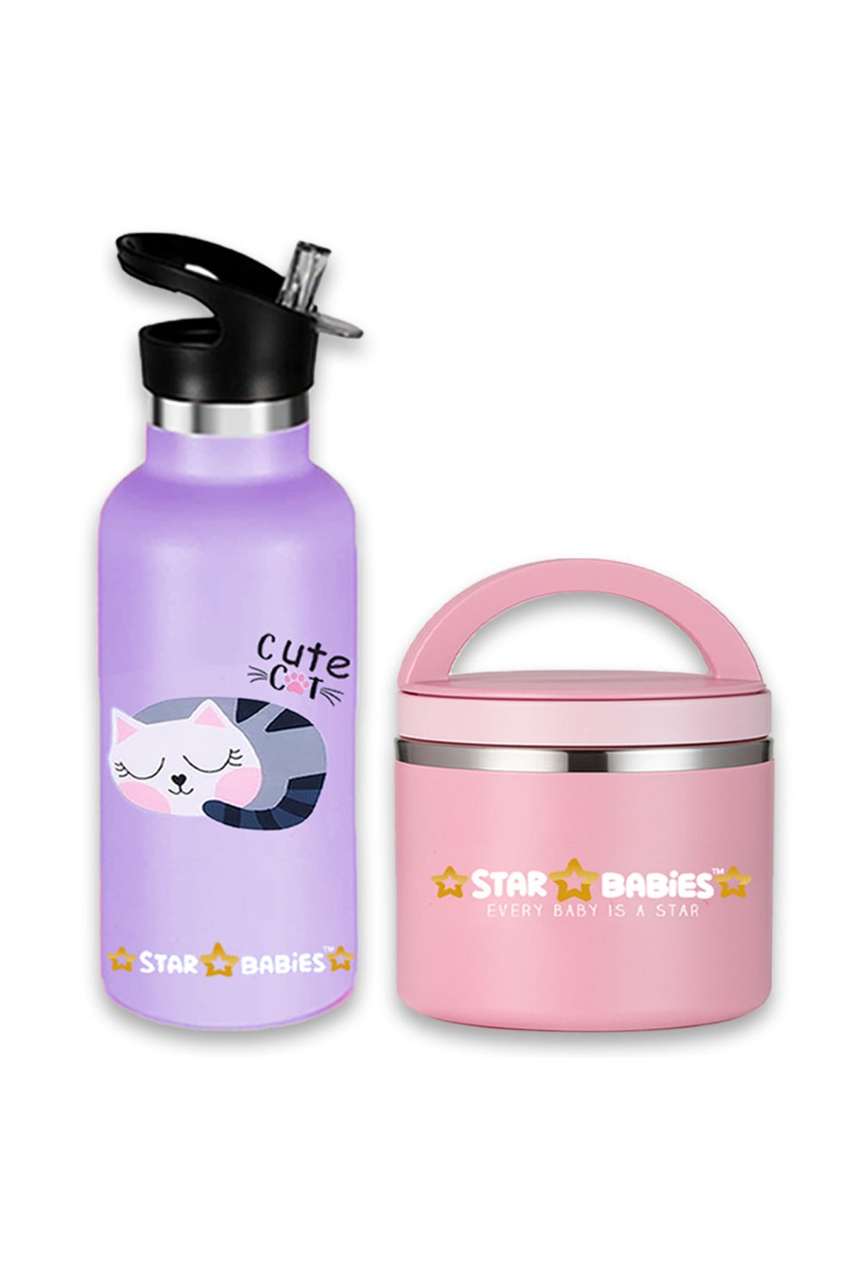 Star Babies - Stainless Steel Water Bottle & Food Jar Set - Cute Cat - 2 Pcs - 500ml