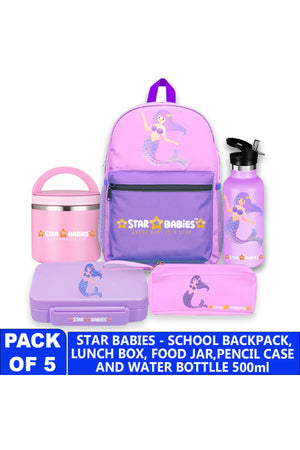 Star Babies 16-Inch Mermaid Themed Children's Backpack with  5 compartment Bento lunch box , water bottle and Dual Zipper Pencil Case with Food jar