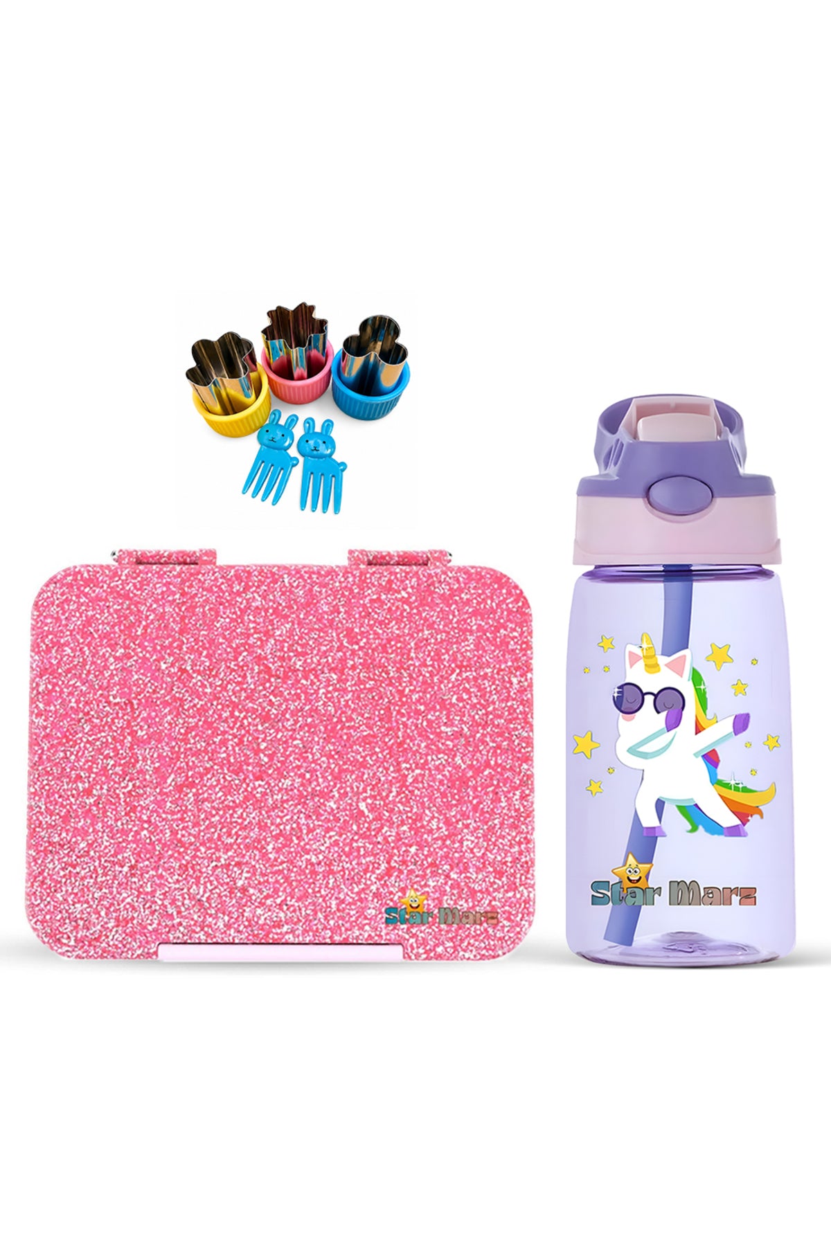 StarMarz - Little Princes Pink Bento Glitter Lunch Box with Plastic Water Bottle Dancing Unicorn (480ml) - Purple