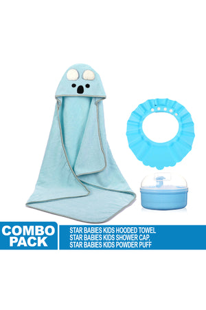 Star Babies - Microfiber Hooded Towel, Kids Shower Cap With Powder Puff - Blue