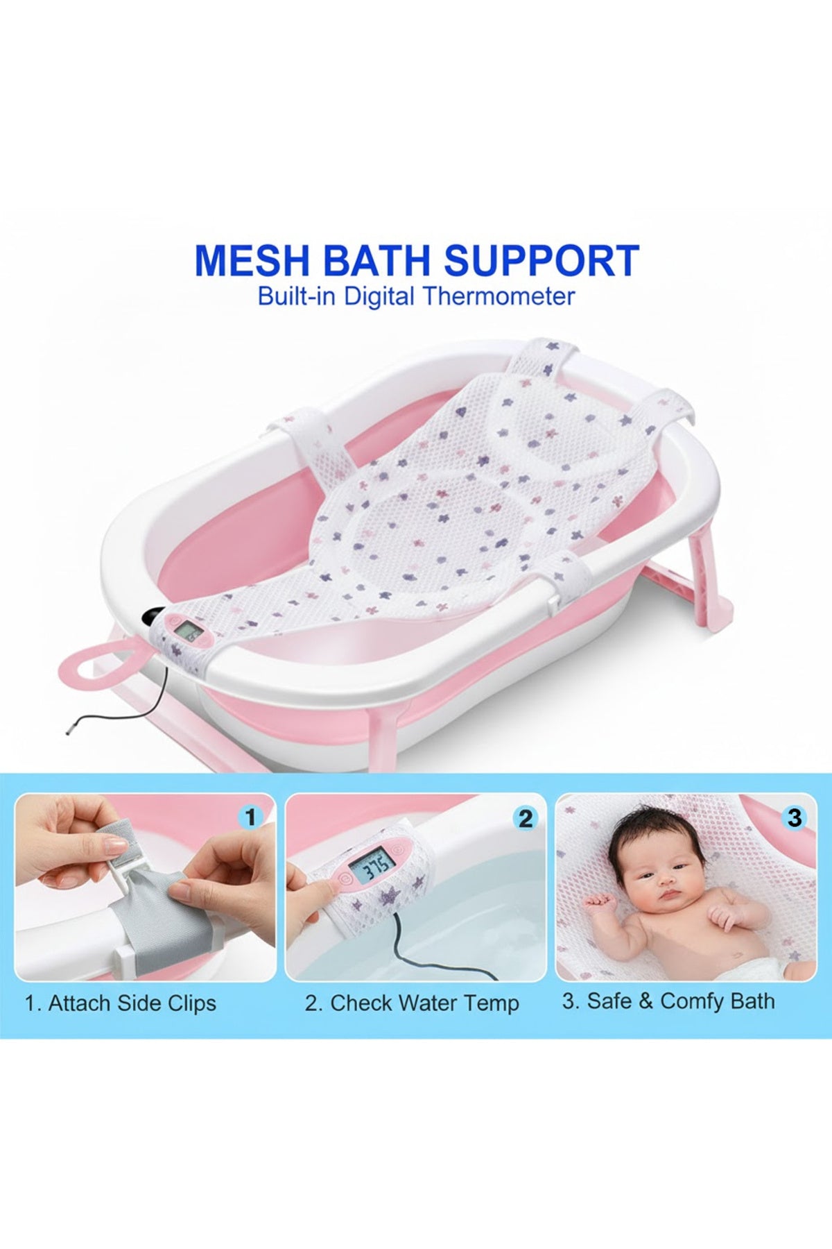 Star Babies - Baby Foldable Bathtub With Thermometer & Bath Seat Support Net, Set - Pink - Pack of 2