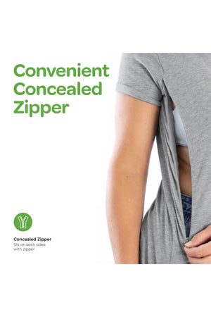 MOON Organic Dual Sided Zippered feeding T-Shirts for Moms – Easy, Rapid Breastfeeding - Maternity Nursing Top – Crewneck/Short Sleeve - For Outdoor/Indoor –Light Grey