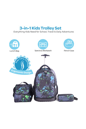 MOON  3 in 1 Kids Trolley Set   - (18-Inch) Premium Kids School Bag with Lunch Bag & Pencil Case-Black