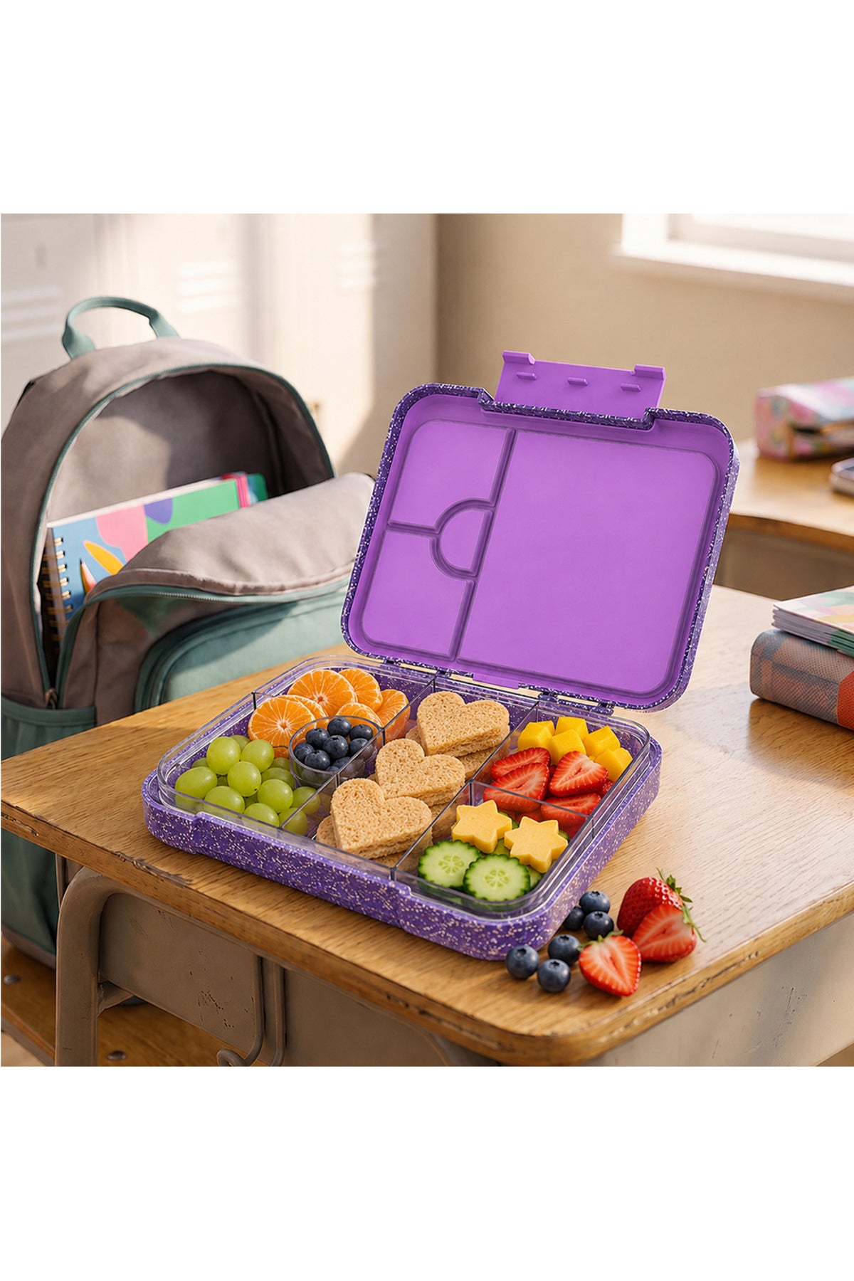 StarMarz - Unicorn Purple Bento Glitter Lunch Box with Plastic Water Bottle Shark (480ml) - Purple