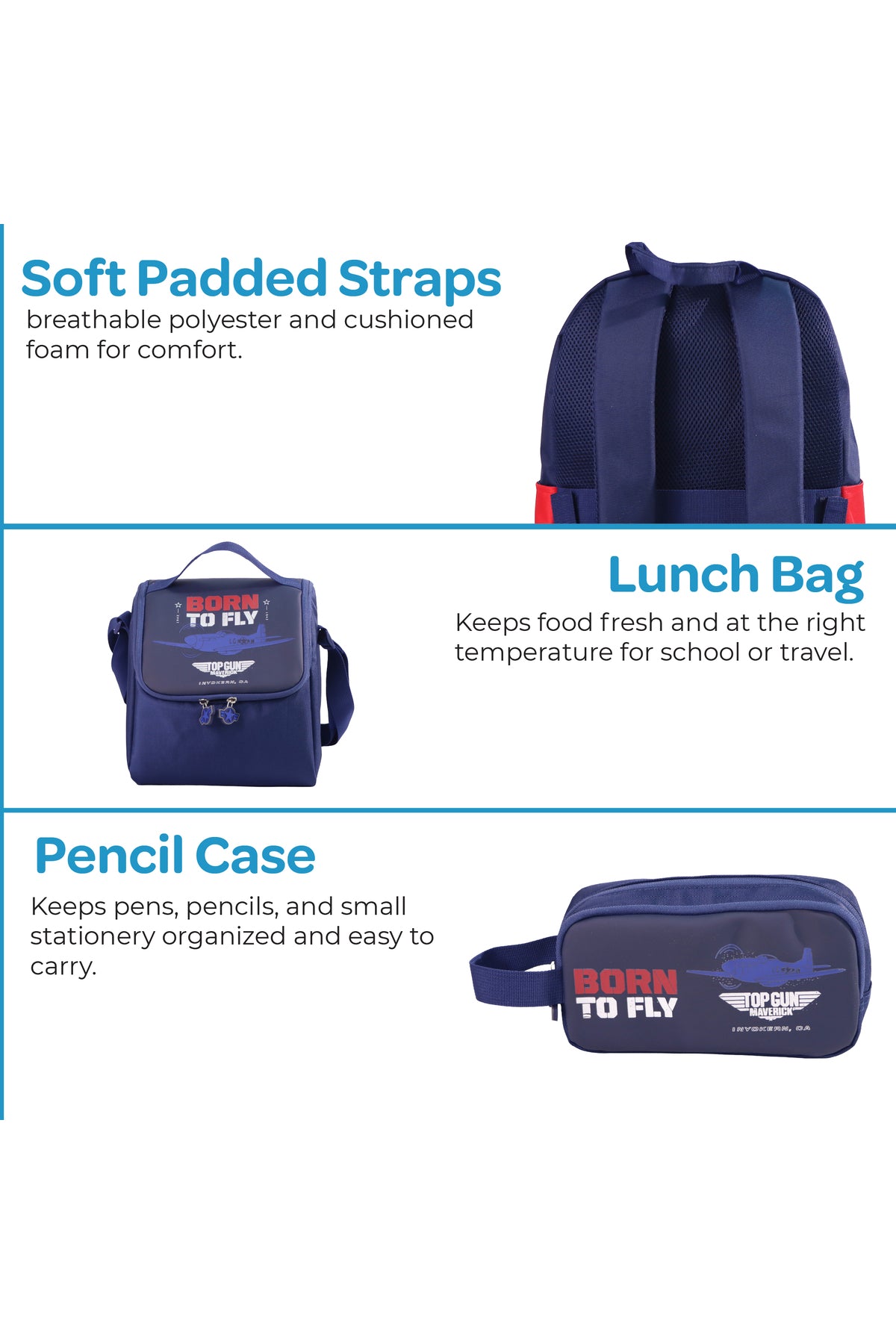 MOON Licensed Top Gun 3-in-1 Kids School Backpack Set    - (17-Inch) Premium Kids School Bag with Lunch Bag & Pencil Case-Blue
