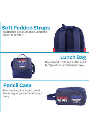 MOON Licensed Top Gun 3-in-1 Kids School Backpack Set    - (17-Inch) Premium Kids School Bag with Lunch Bag & Pencil Case-Blue