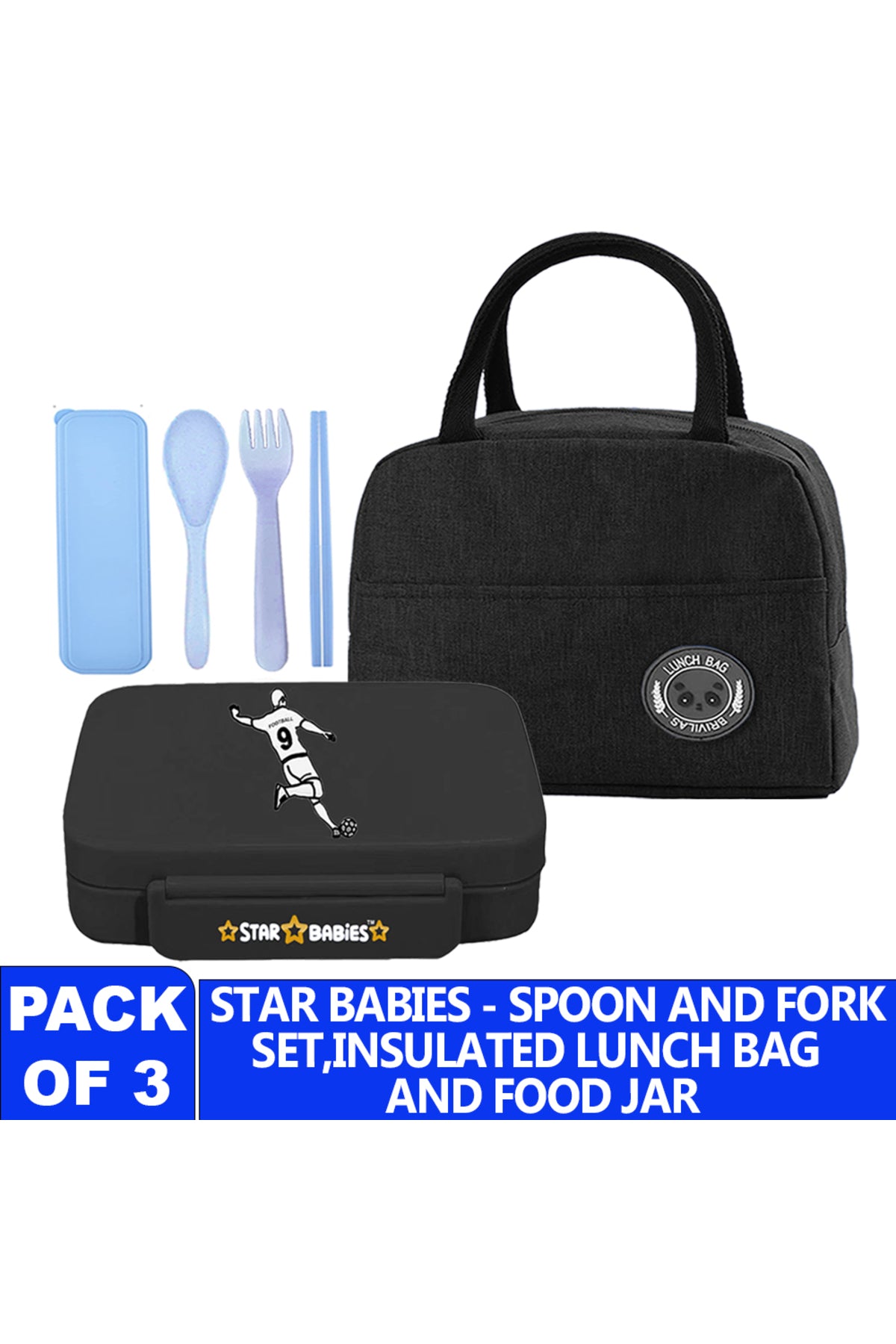 Star Babies Insulated Mini Lunch Bag with 5 Compartment Lunch Box and Fork-Spoon Set- Black