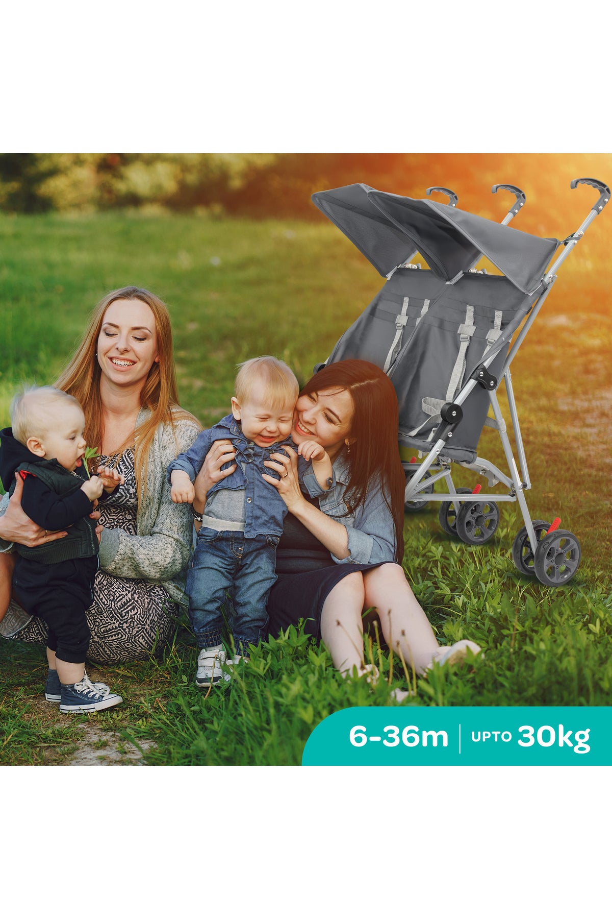 MOON  Jet Plus  Twin Buggy Lightweight Travel strollers- up to 30Kg,6m+ -Dark Grey