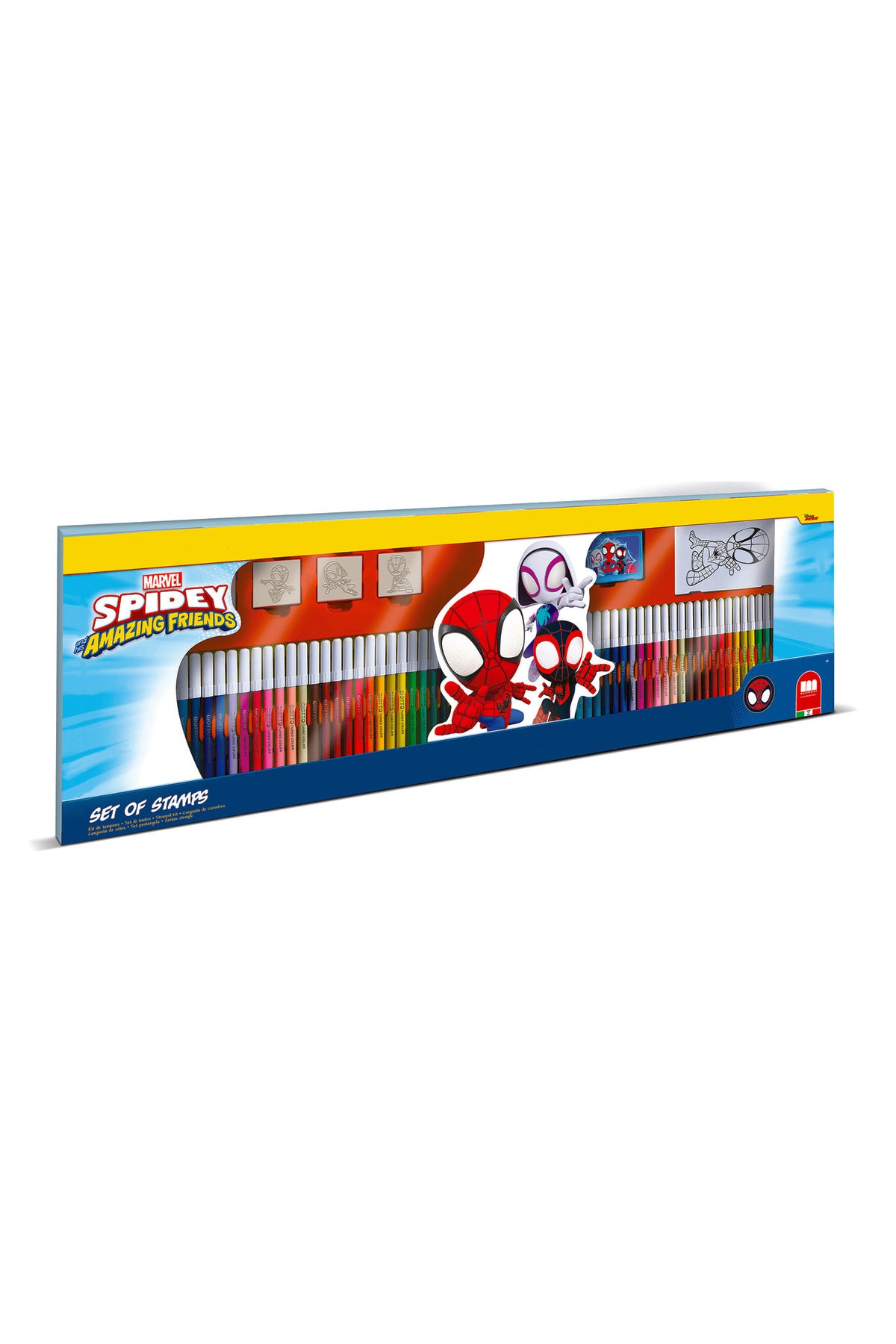 Title:
Marvel Spidey and Friends Mega Coloring & Stationery Set | 60 Felt Tip Pens, Crayons, Stamps, Ink Pad, Notebook, Stickers & Coloring Book | Kids Art Set
