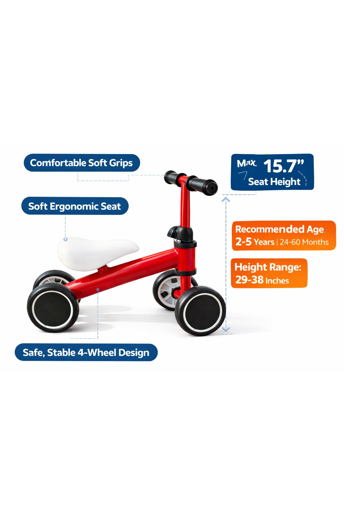 StarMarz Baby Balance Bike – 4-Wheel Toddler Training Bike for Indoor/Outdoor Riding, Soft Seat & No-Pedal Design for Safe Learning – Lightweight Kids First Bike (1–3 Years) – Red
