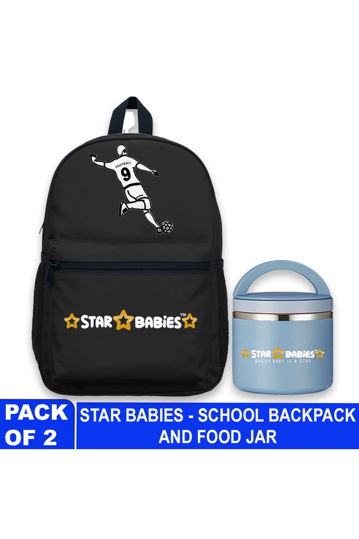 Star Babies Football  theme  16-Inch Children's Backpack for boys Adjustable Shoulder Strap- Black  With food jar,Blue-500ml