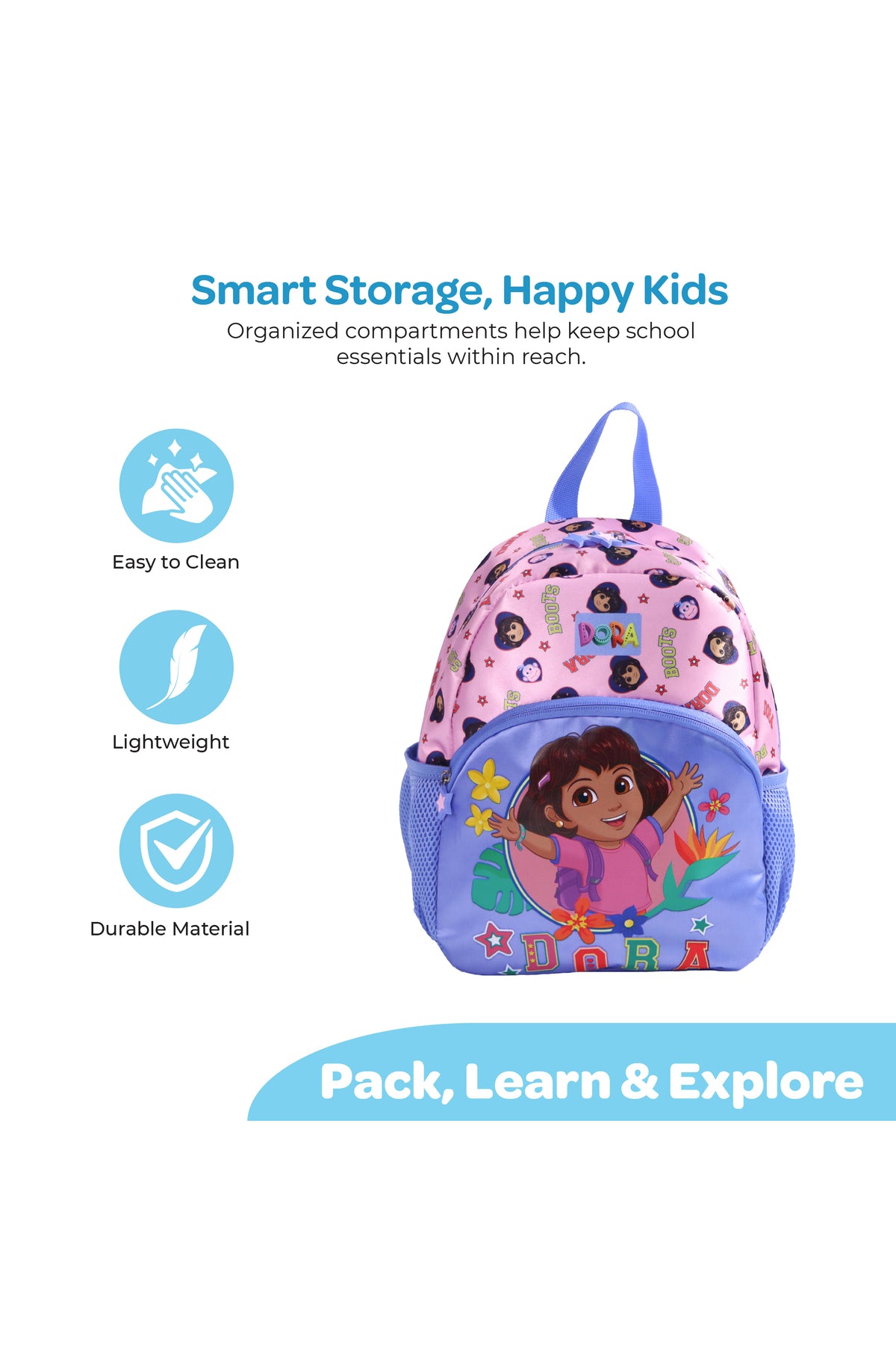 MOON Licensed Dora the Explorer 3-in-1 Kids Backpack Set  - (13-Inch) Premium Kids School Bag with Lunch Bag & Pencil Case-Pink & Blue
