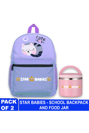 Star Babies Cute Cat theme Black 16-Inch Children's Backpack Adjustable Shoulder Strap- Purple With food jar, Pink 500ml