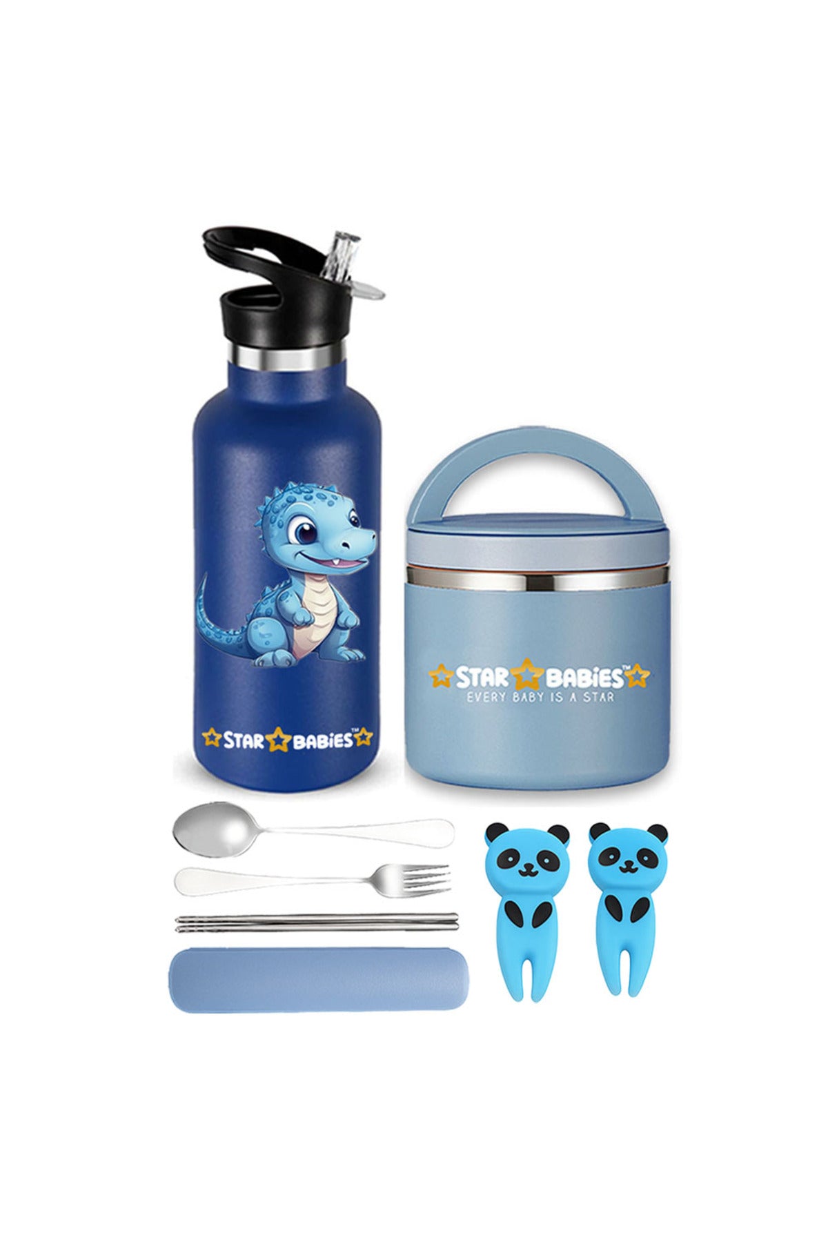 Star Babies - Stainless Steel Bottle & Food Jar + 2 Fruit Picks + Fork-Spoon Set_Dino