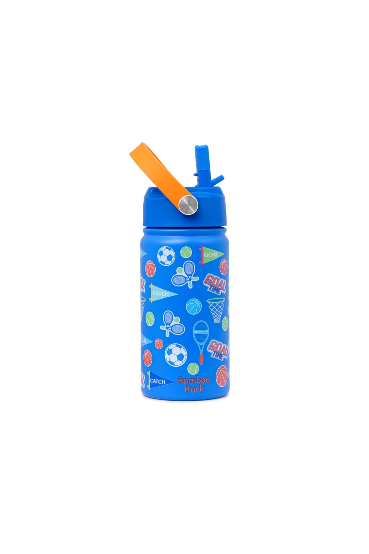Bamboo Bark Insulated Water Bottle for Kids, 400ml Stainless Steel with Straw Lid, BPA Free Leak Proof School Water Bottle for Boys and Girls, Travel & Outdoor Use (Sports Print)