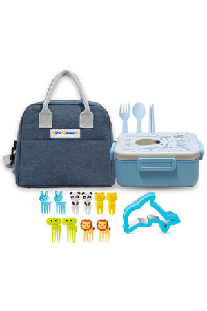 Kids Lunch Box Set – Insulated Blue Lunch Bag + Bento Box with , Sandwich Cutter & Fruit Picks free