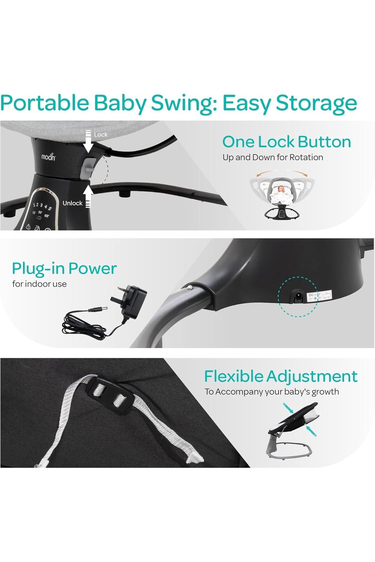 MOON  Koze Baby Swing, Holds upto 9kg. Gentle Swaying Motion -Grey