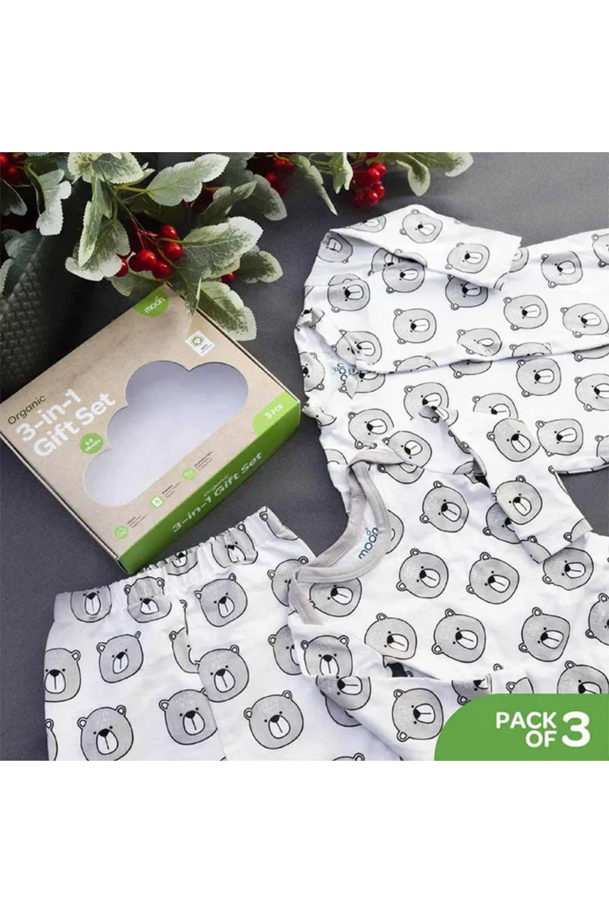 MOON Organic Baby 3 in 1 Gift Set- Romper-Body Suit-Jogger for 6-9 Months -Bear Print