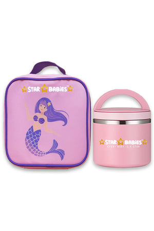 Star Babies Little Mermaid Themed Bento Lunch Bag , Toddler-Friendly, 3 Years+, Easy to clean- Lavender with food jar -Pink 500ml