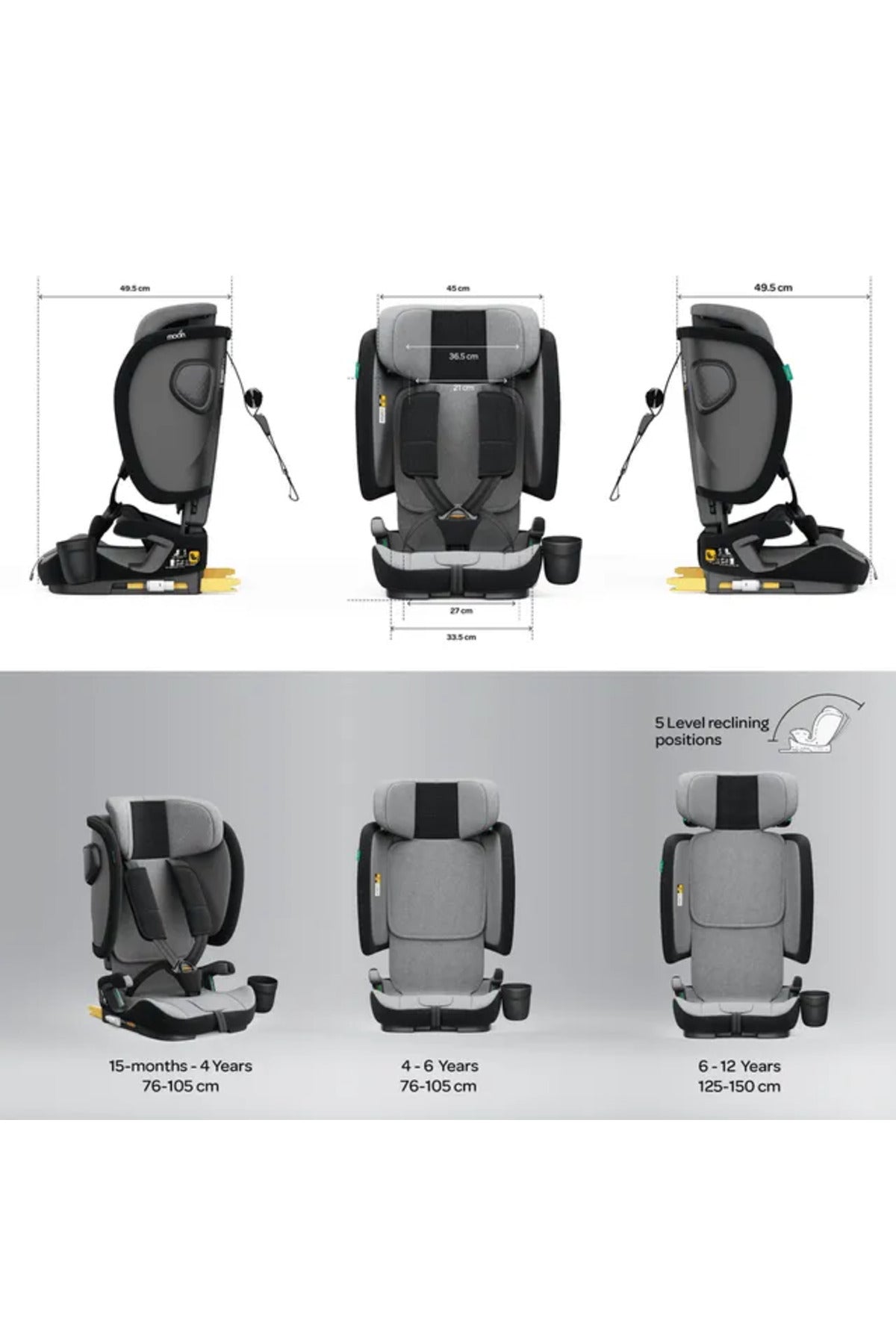 MOON Folda Max  ECE R129 i-Size Foldable Car Seat with ISOFIX & Top Tether -Grey