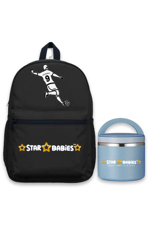 Star Babies Football  theme  16-Inch Children's Backpack for boys Adjustable Shoulder Strap- Black  With food jar,Blue-500ml