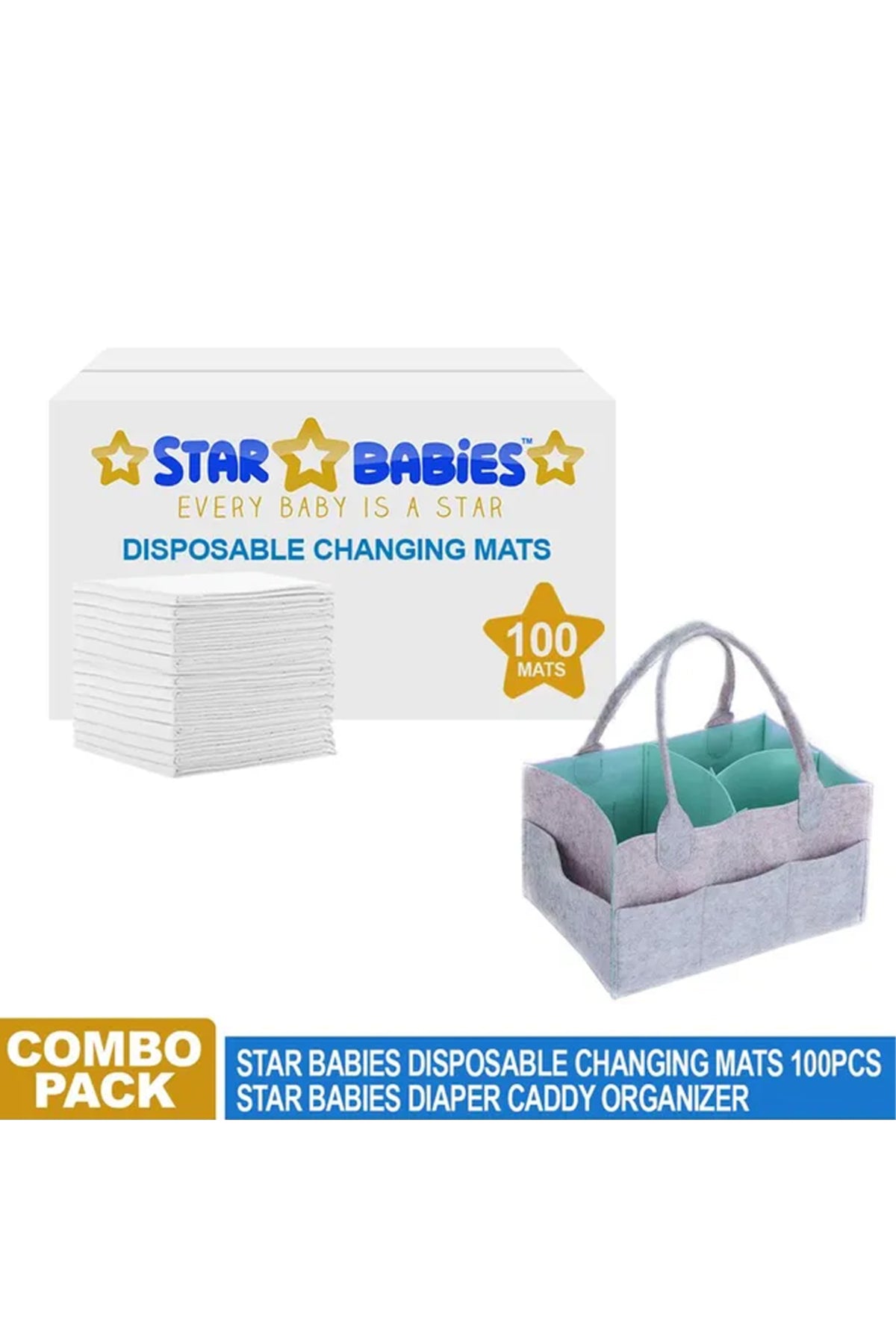 Star Babies - Combo Disposable Changing Mat - 100 pcs with Diaper Caddy