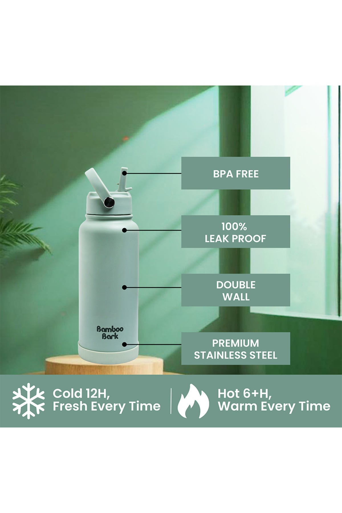 Bamboo Bark 1000 ML Insulated Water Bottle with Sipper Lid – Stainless Steel Double Wall Vacuum Flask for Hot & Cold Water Leak-Proof, Reusable Sports Thermos Bottle - (Dull Sage Green)