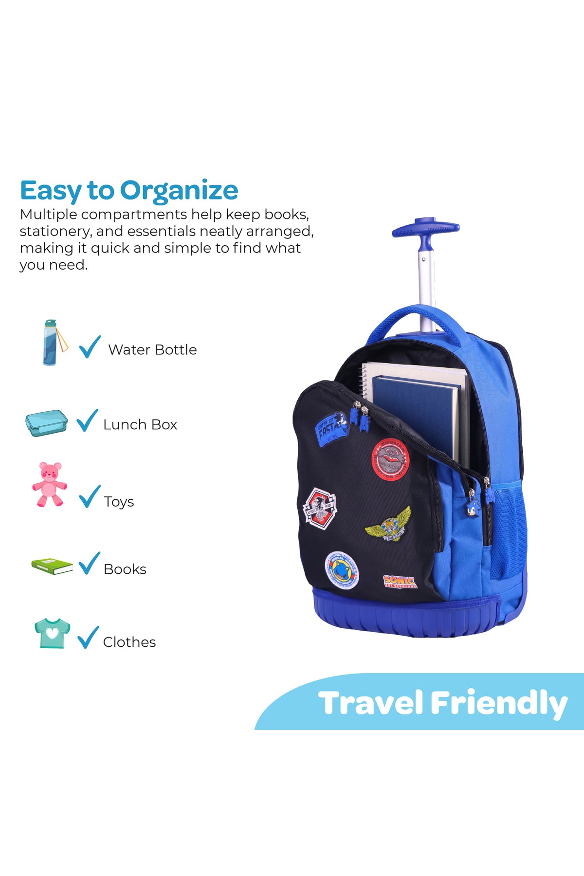 MOON Licensed SONIC  the Hedgehog 3-in-1 Kids Trolley Backpack Set     - (18-Inch) Premium Kids School Bag with Lunch Bag & Pencil Case-Black&Blue