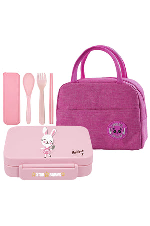 Star Babies Insulated Mini Lunch Bag with 5 Compartment Lunch Box and Fork-Spoon Set- pink