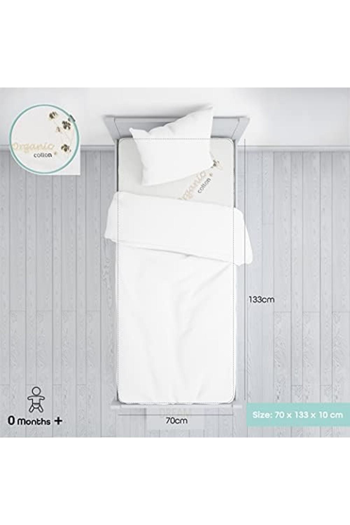MOON  organic Toddler Crib & bed mattress - Size 133x10x70 cm