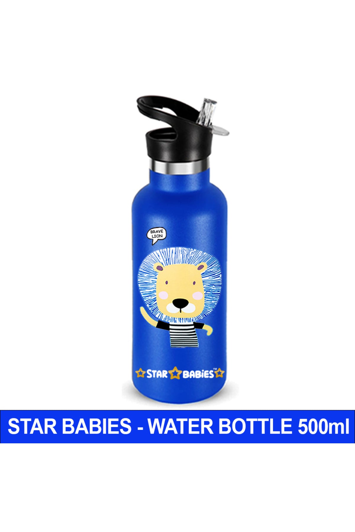 Star Babies Brave Lion Theme Anti Spil Stainless Steel 500ml Water Bottles, Vacuum Insulated Double Wall Travel Bottle with Leak-Proof hot and cold with a special Straw 3 to 6 Years-  Blue