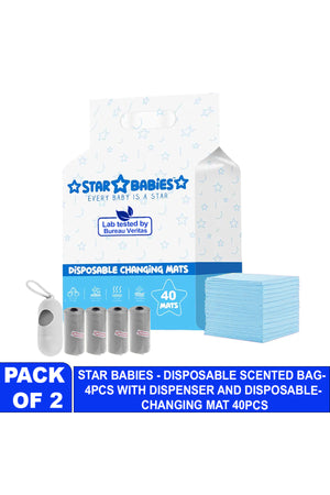 Star Babies - Disposable Changing Mat 40 Pcs With Disposable Scented Nappy Bag 60 Pcs - Blue/Grey