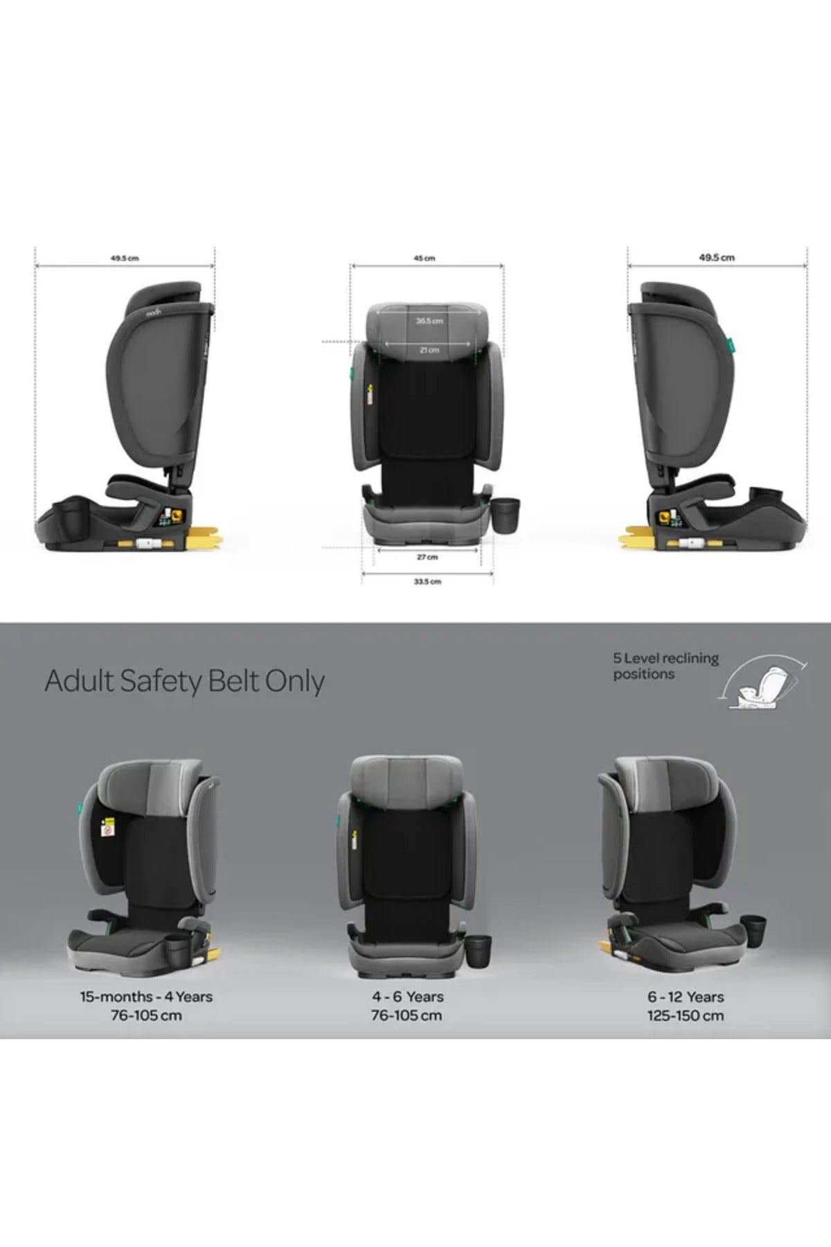 MOON Folda Go  ECE R129  i-Size Foldable Car Seat with ISOFIX-Grey