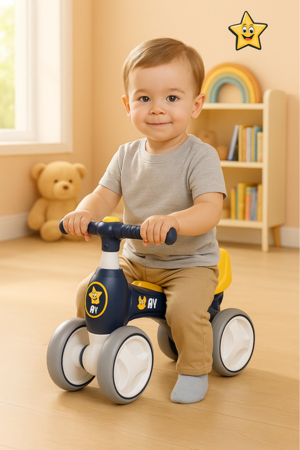StarMarz Baby Balance Bike – 4-Wheel Toddler Training Bike with Soft Seat, Safe Handlebar & Silent Wheels – Indoor/Outdoor Ride-On for Babies (10–36 Months) – Navy & Yellow
