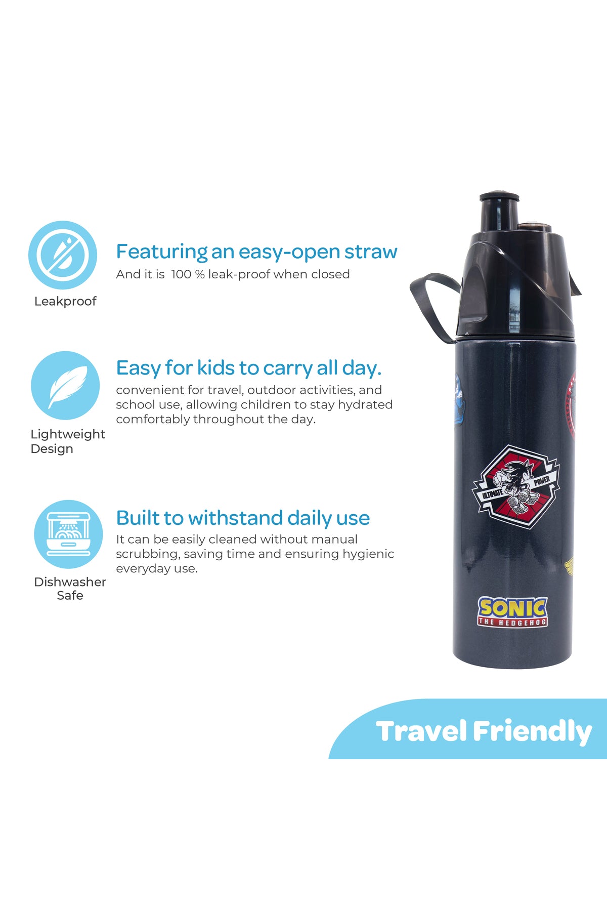 MOON Licensed Sonic Kids Water Bottle with Spray Mist | Cooling Spray | BPA-Free  Stainless Steel | Leak-Proof for School, Camping, Hiking, Outdoor Play | Boys Water Bottle |500ml