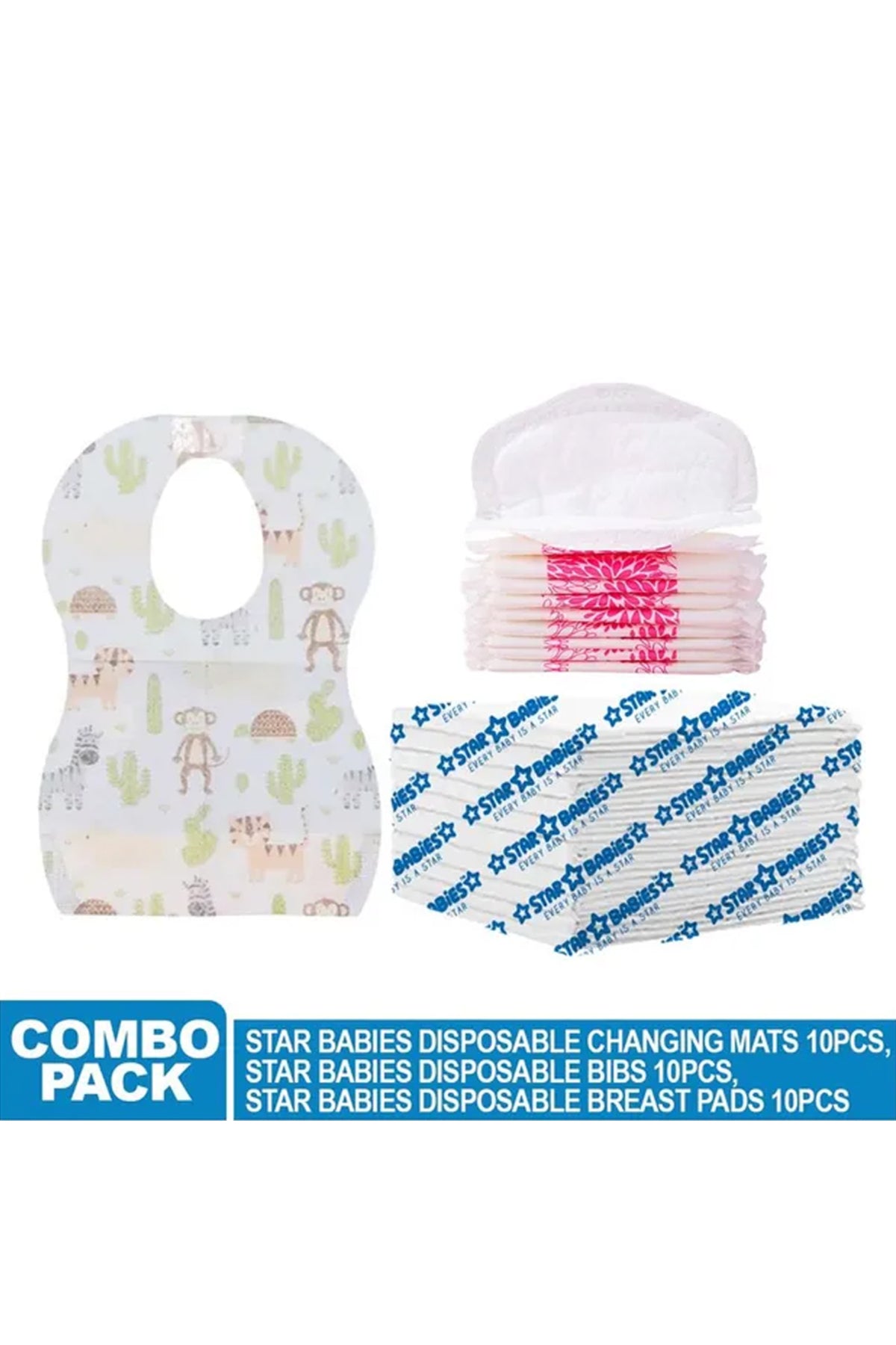 Star Babies - Disposable Changing Mat 10pcs, Breast Pad 10pcs, Bibs 10pcs - White