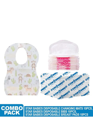 Star Babies - Disposable Changing Mat 10pcs, Breast Pad 10pcs, Bibs 10pcs - White