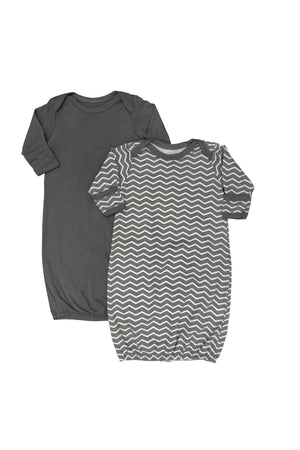 MOON Sleep Gowns- Pack of 2, full sleeves with foldover Cuffs with elastic bottom hem -Grey and Stripes Print"