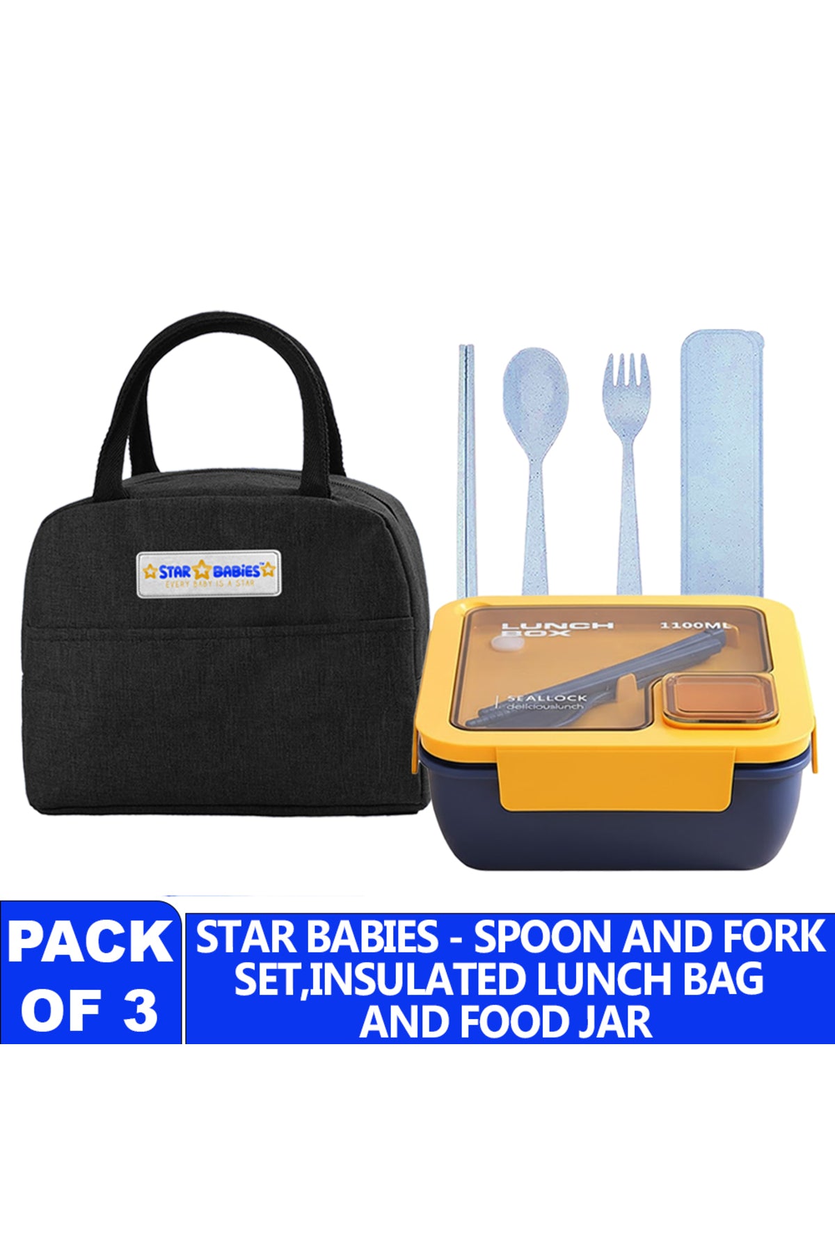 Star babies pack of 3 combo - Insulated lunch bag and 2 compartment lunch box and organic cuttlery set