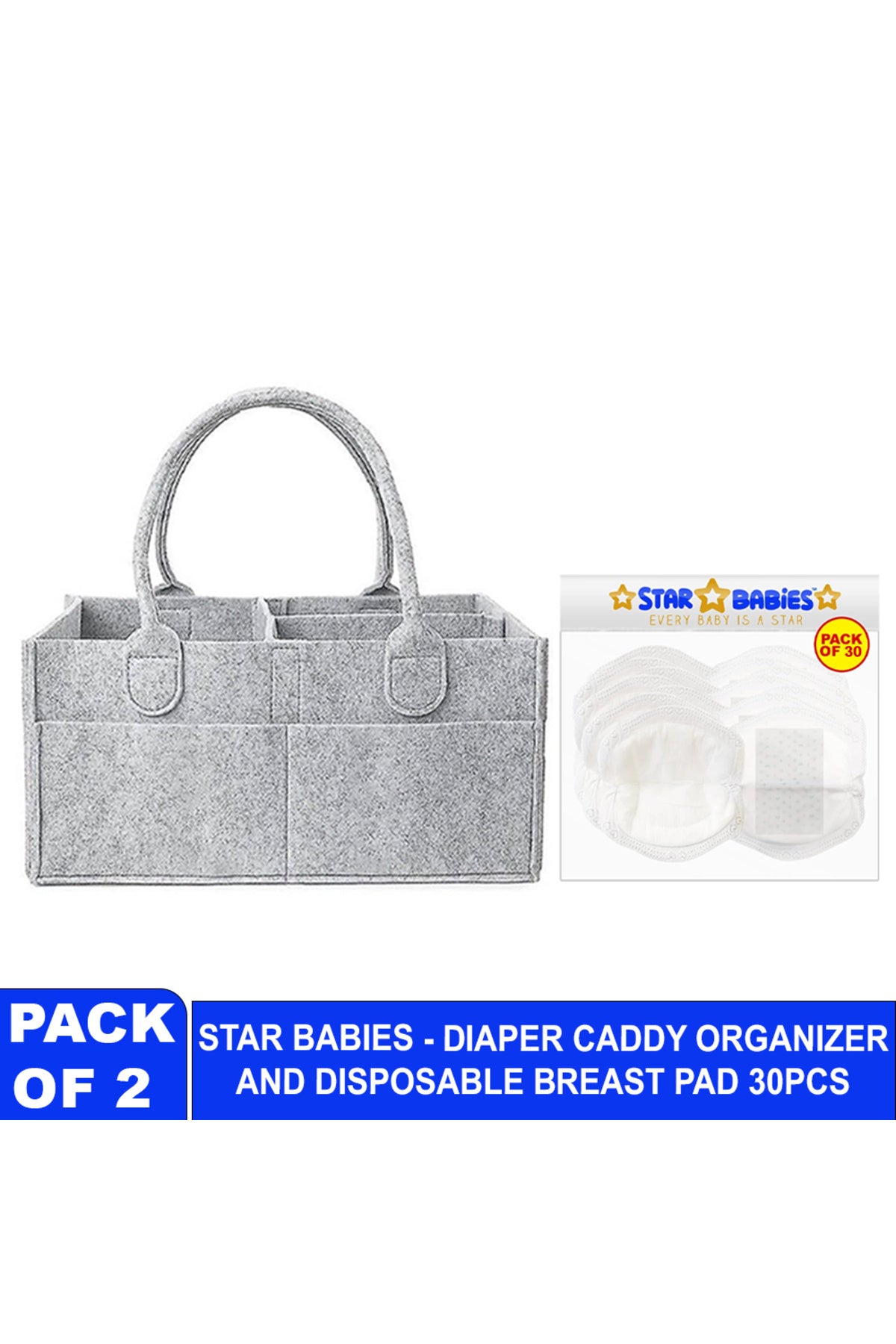Star Babies - Diaper Caddy Organizer With Disposable Breast Pads - Grey/White - 31 Pcs