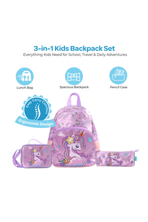 MOON UNICORN  3 in 1 KidsBackpack Set  - (13-Inch) Premium Kids School Bag with Lunch Bag & Pencil Case-Purple