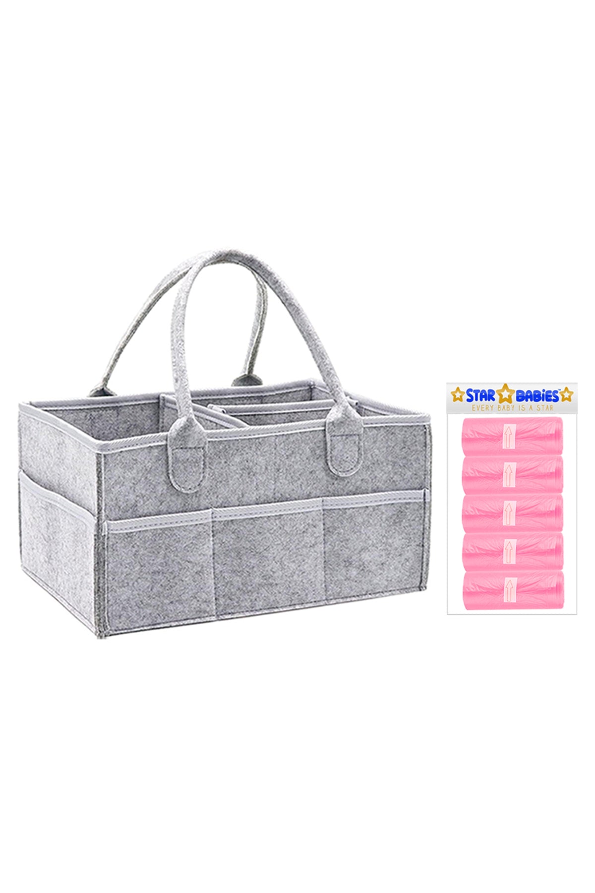 Star Babies - Baby Diaper Caddy & Scented Bag Roll Set - Grey/Pink - 6 Pcs