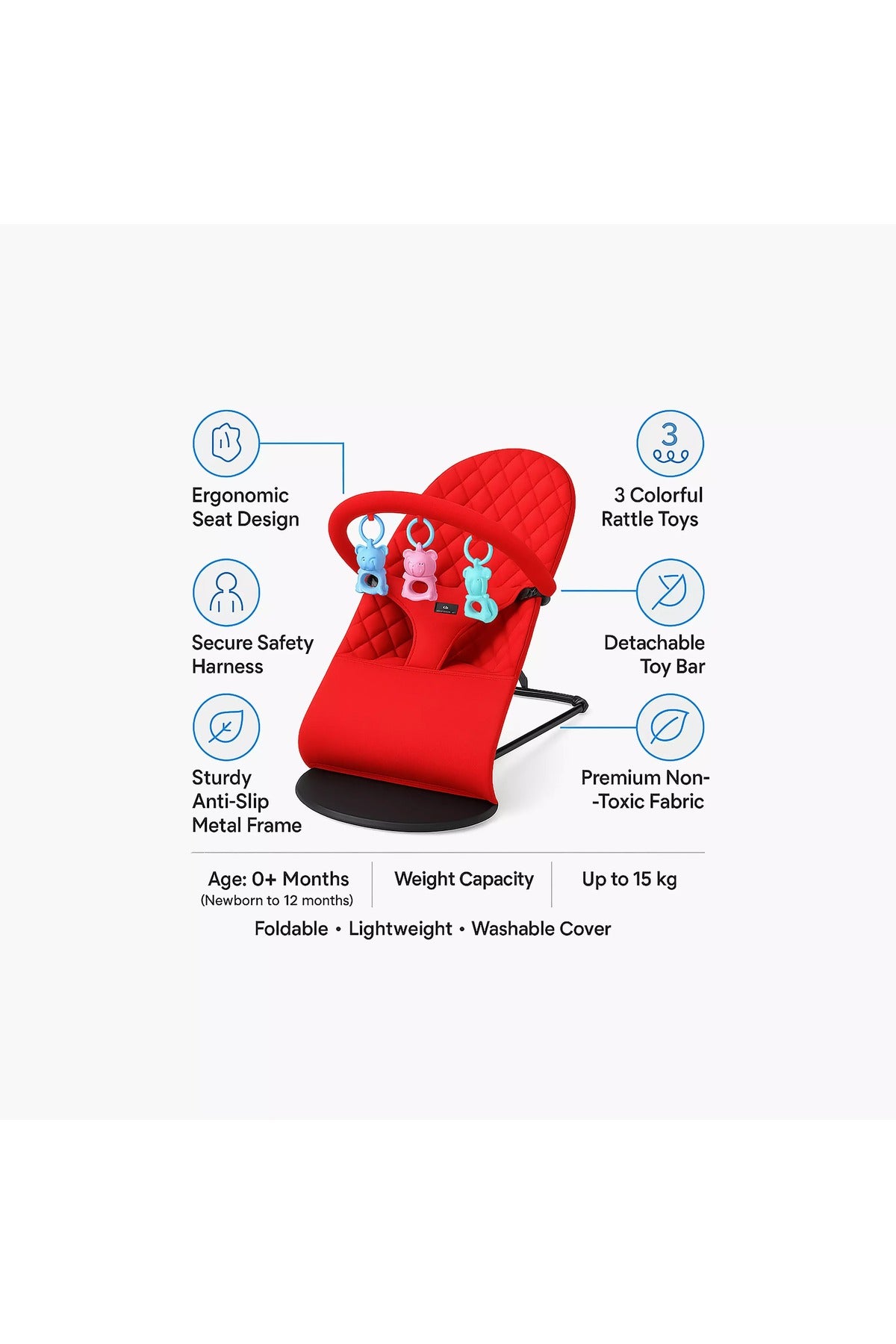 Kikibebe 3-Stage Baby Bouncer & Recliner Seat – Red