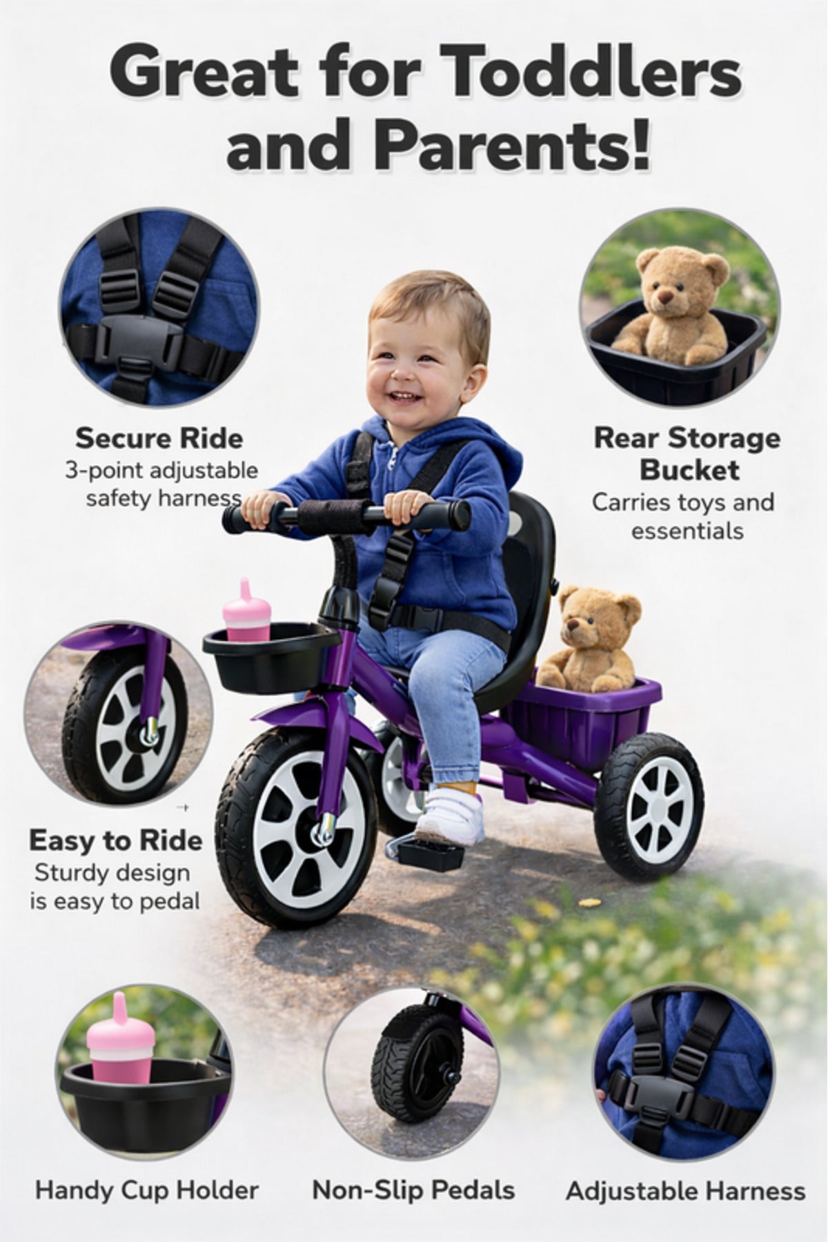 StarMarz Toddler 3-Wheel Tricycle Ride-On Toy with Safety Seat, Cup Holder & Rear Storage Basket - Purple