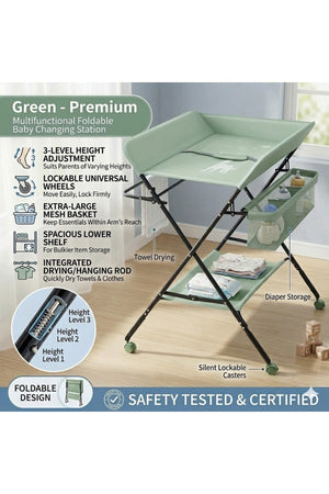 Portable Baby Changing Table with Storage Organizer & Wheels – Green