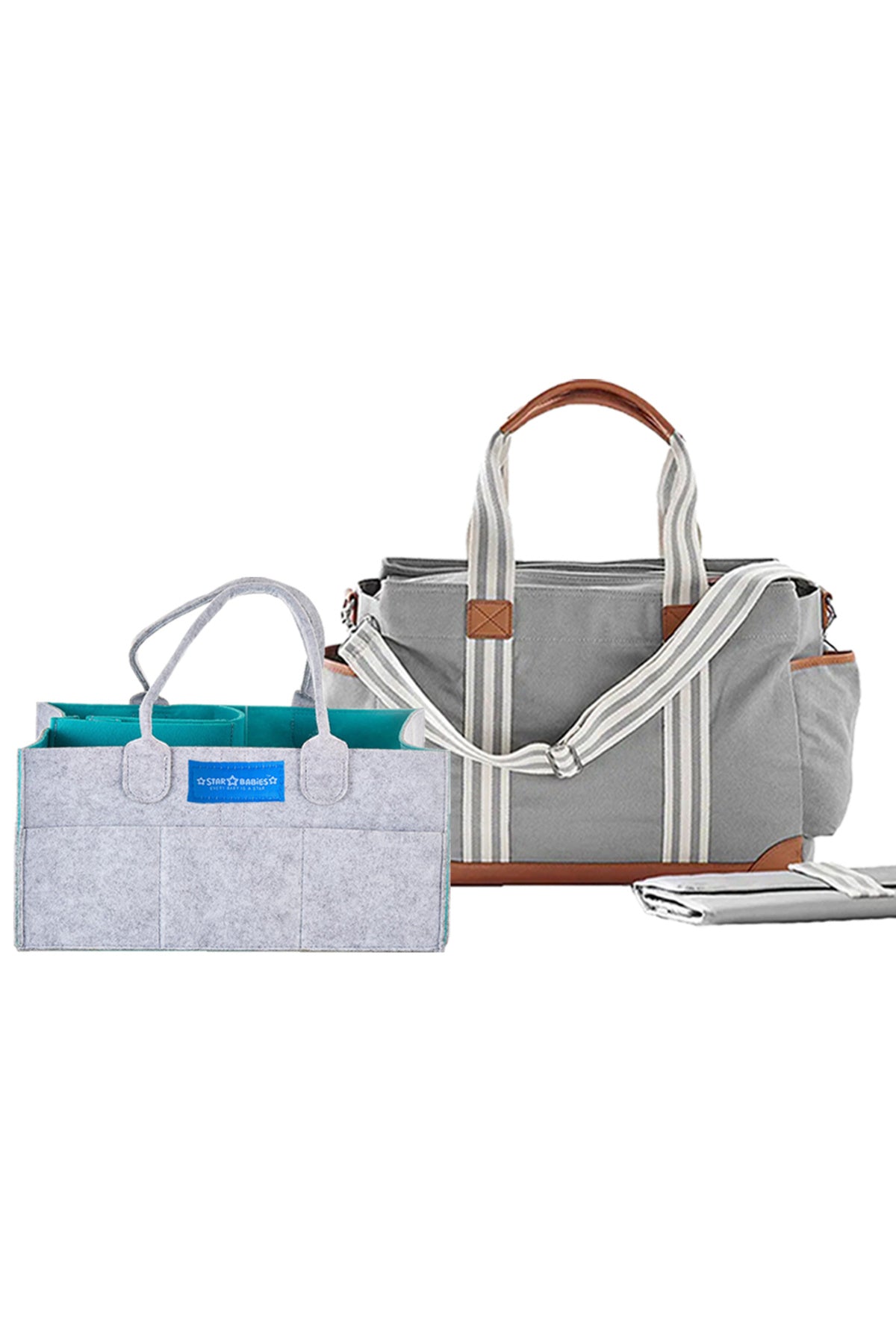 Star Babies - Waterproof Tote Baby Diaper Bags With Caddy Diaper Bag - Grey/Green - Pack Of 2