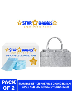 Star Babies - Diaper Caddy Organizer With Disposable Changing Pads 50Pcs - Grey/Blue