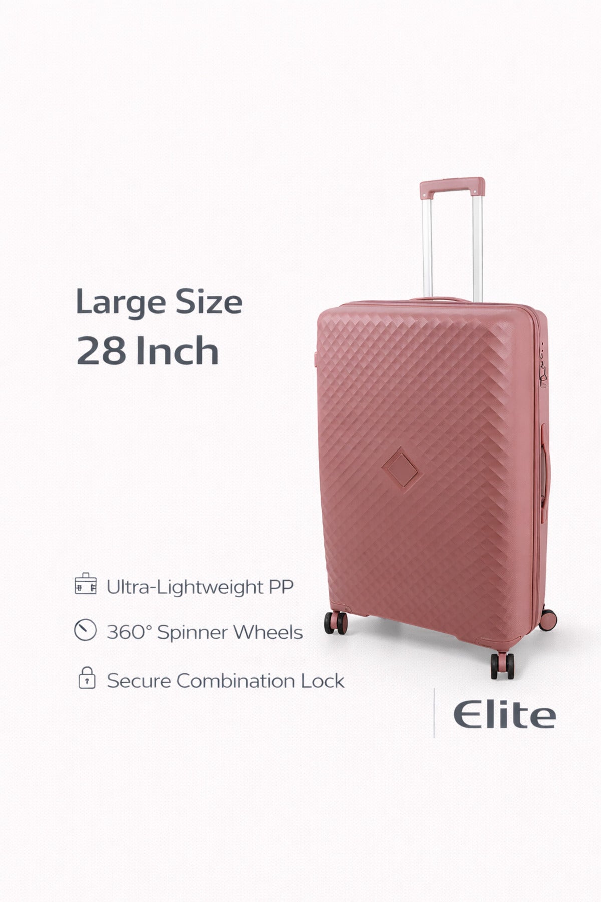 W.O.K 28" Lightweight Hard Shell Cabin Trolley – Polypropylene Luggage With Spinner Wheels & Number Lock – Rose Gold